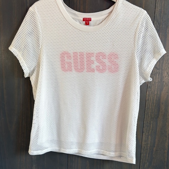 Guess Tops - GUESS White Mesh Women's Top Red Spell Out Medium